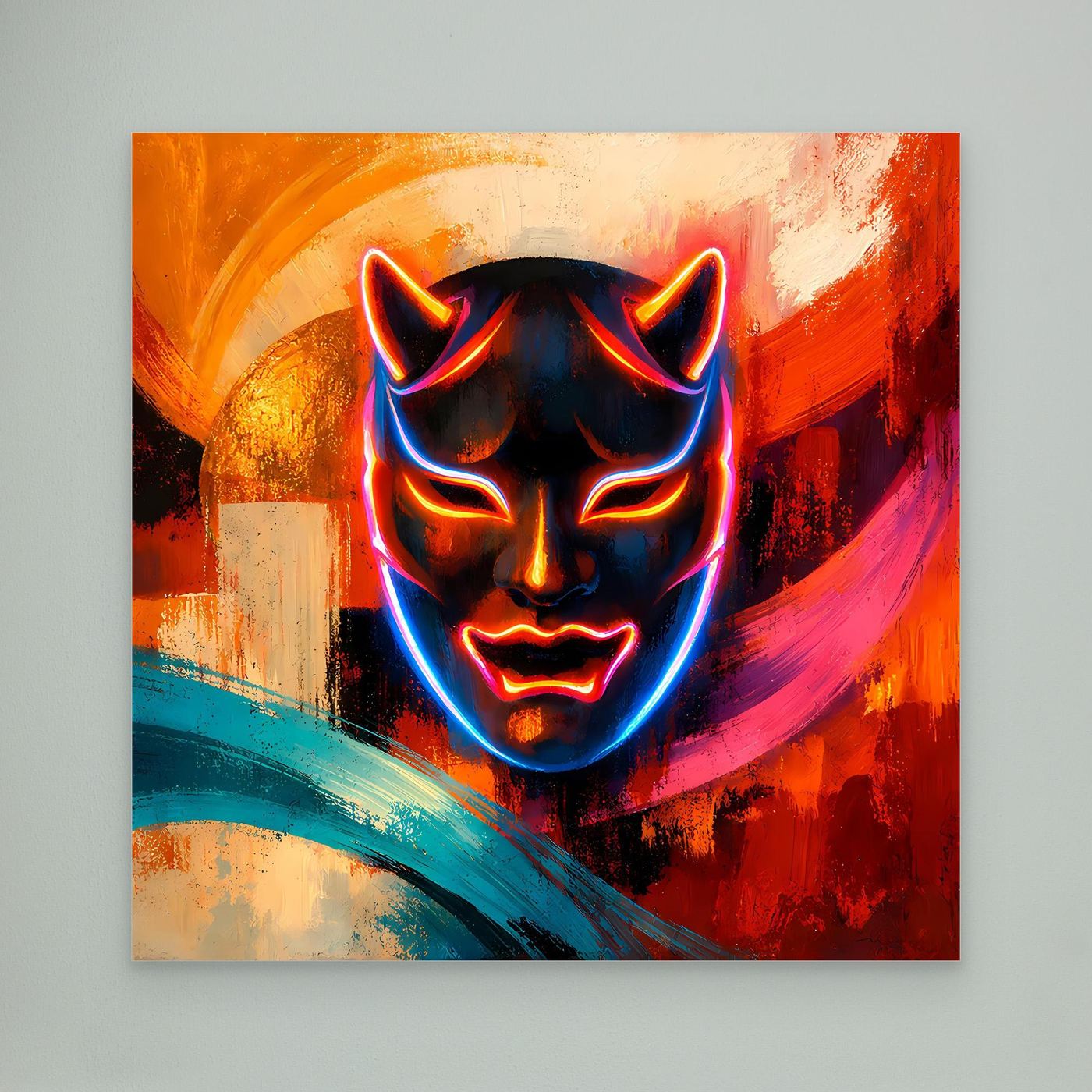 Leinwandbild mit Neon-Oni-Maske, blaues Leuchten an den Hörnern, abstrakte Pinselstruktur