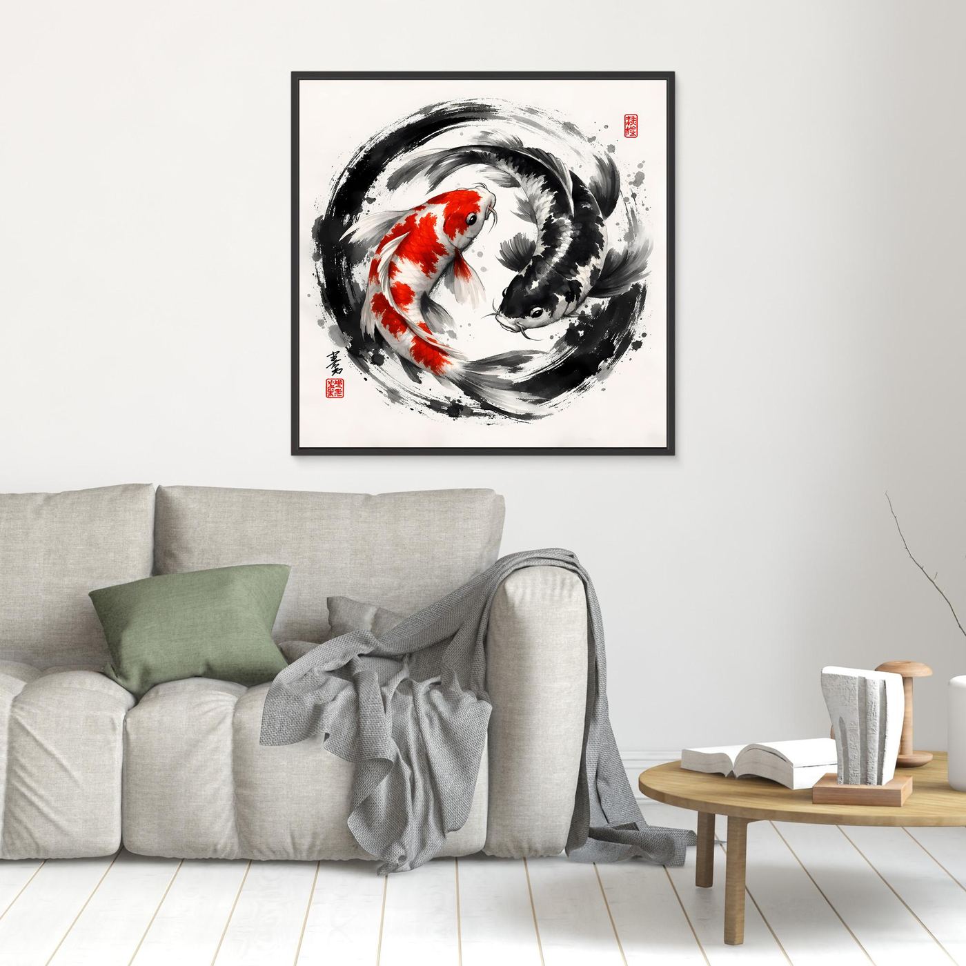 Kleines Leinwandbild mit Koi-Yin-Yang, schwarz-weiß und rot, schwarz gerahmt