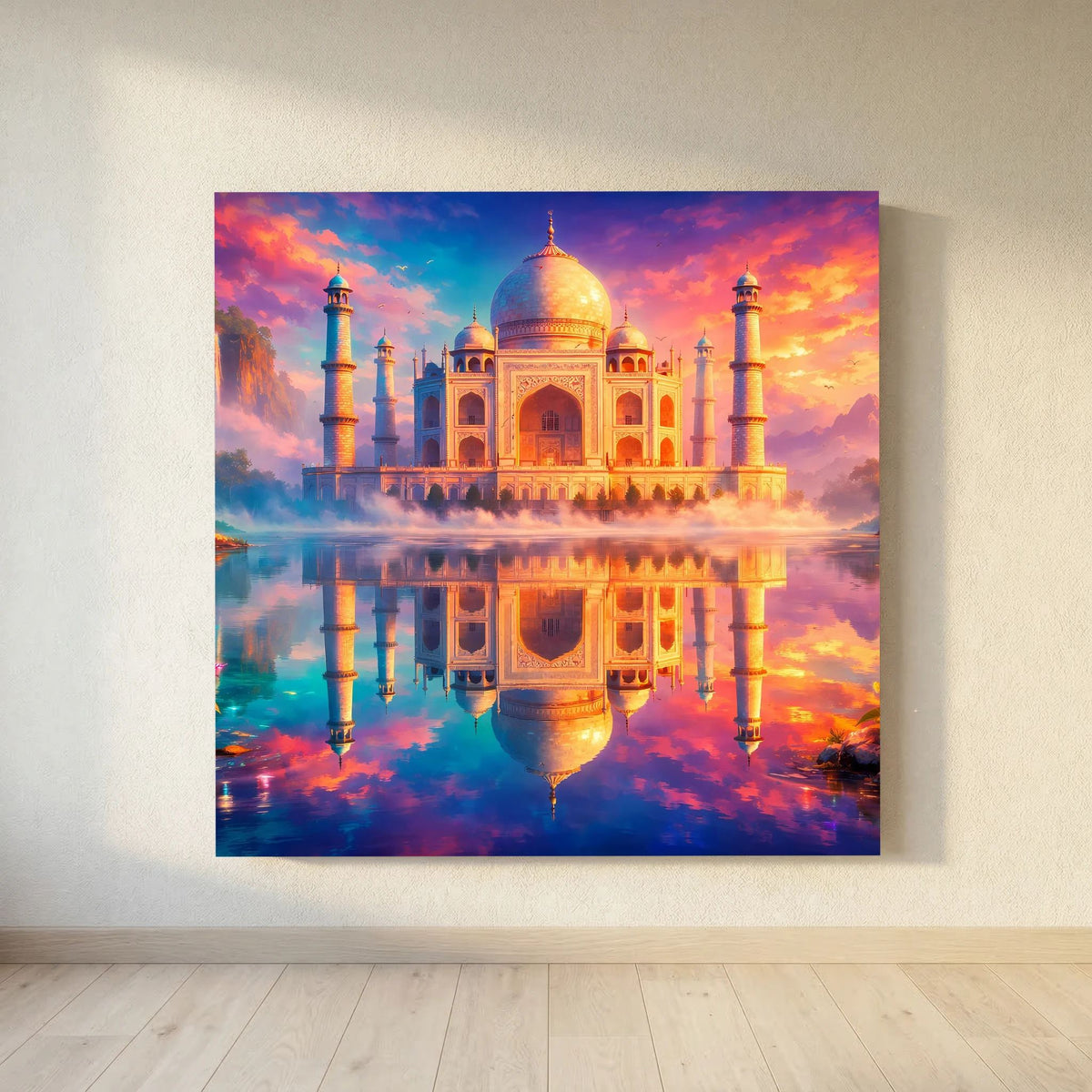 Leinwandbild Taj Mahal mit goldener Kuppel und Wasserspiegelung, Panorama-Ansicht, Keilrahmen.
