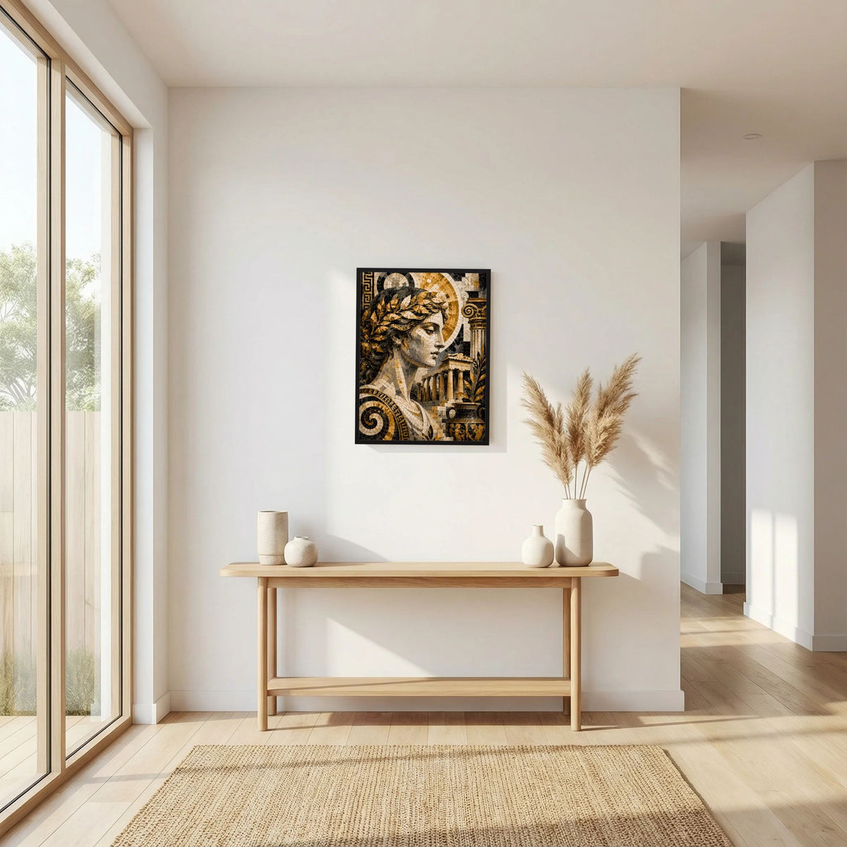 Poster mit antiker Mosaik-Göttin in Gold und Schwarz, quadratischer Rahmen