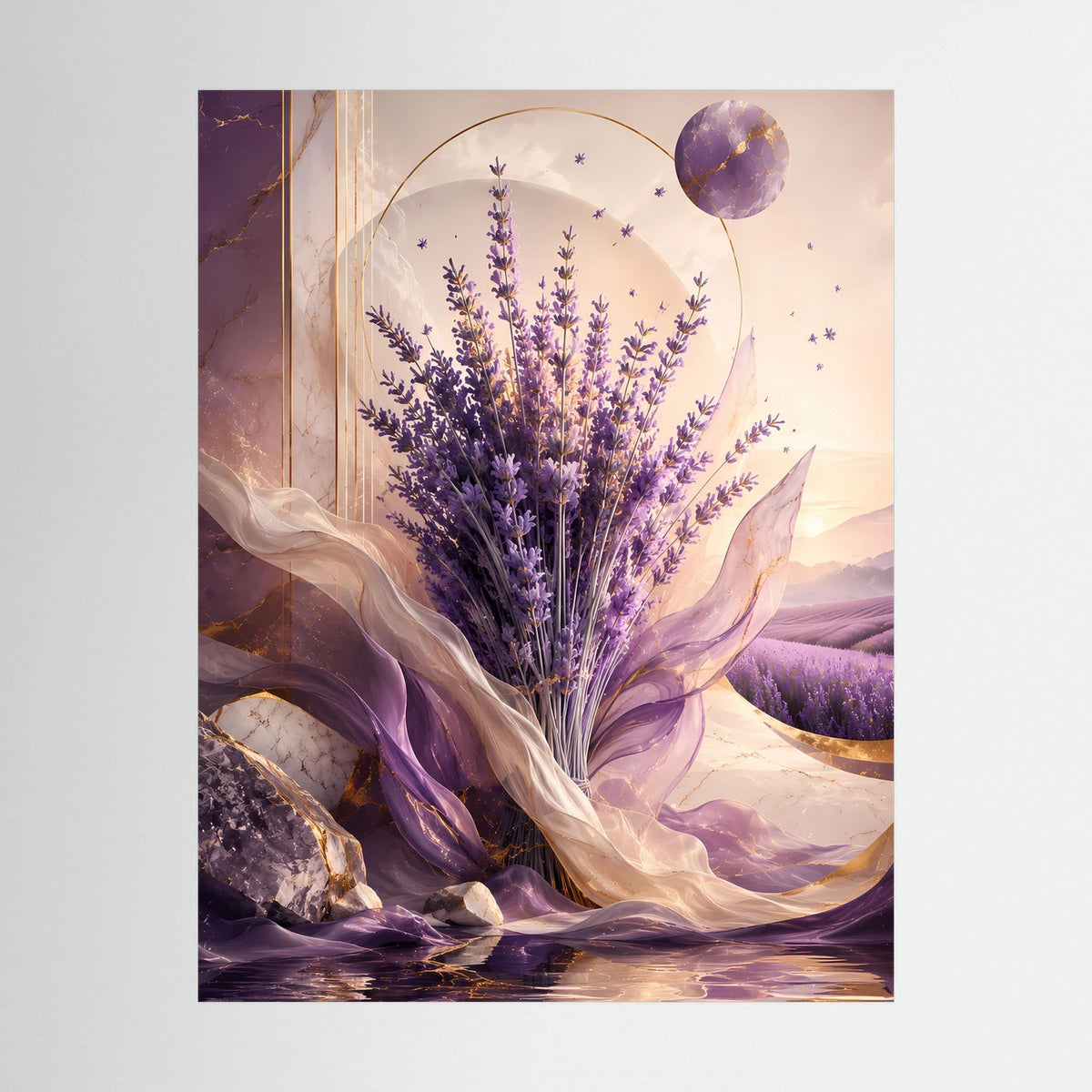 Hochformat-Poster im Detail: violetter Lavendel, wehende Stoffbahnen, schwebende Kugeln, ohne Rahmen