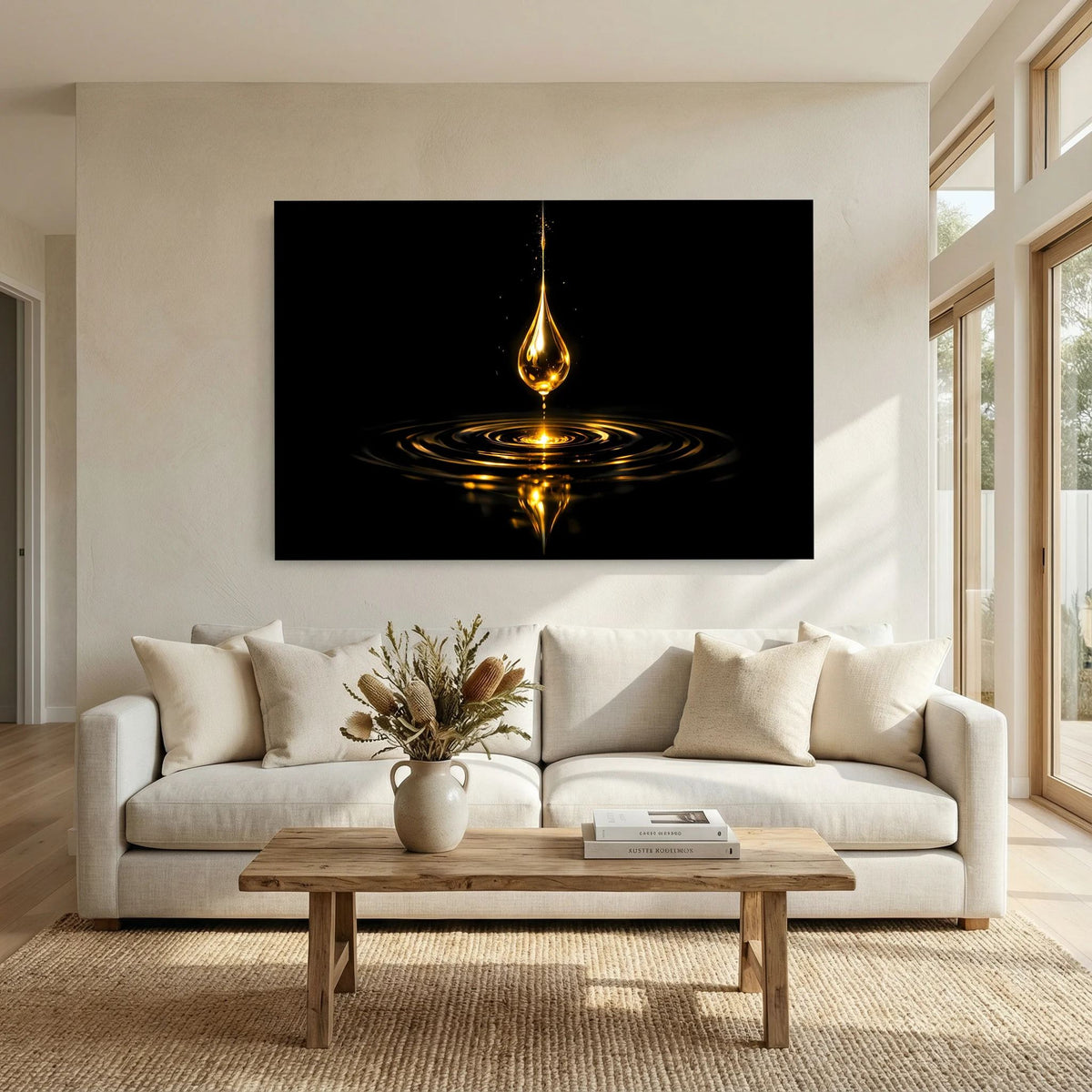 Wandbild im Querformat: goldener Wassertropfen mit Tropfenring-Spiegelung auf schwarzem Hintergrund