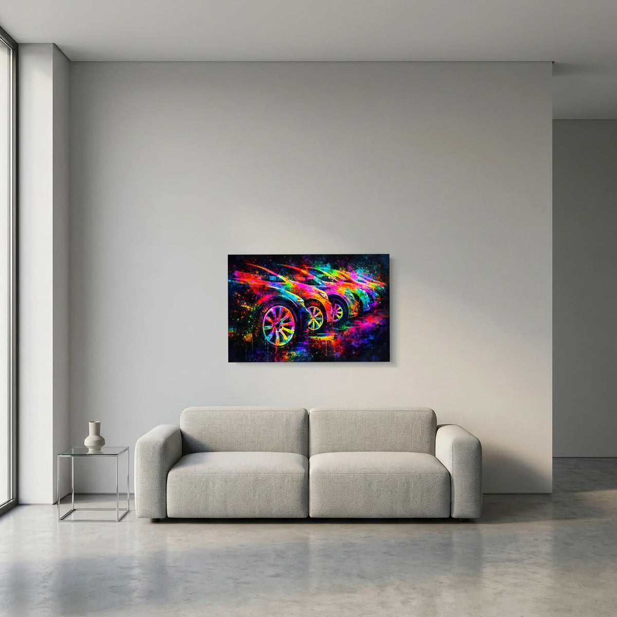 Wandbild mit drei Sportwagen im Neon-Farbspektrum, querformatig