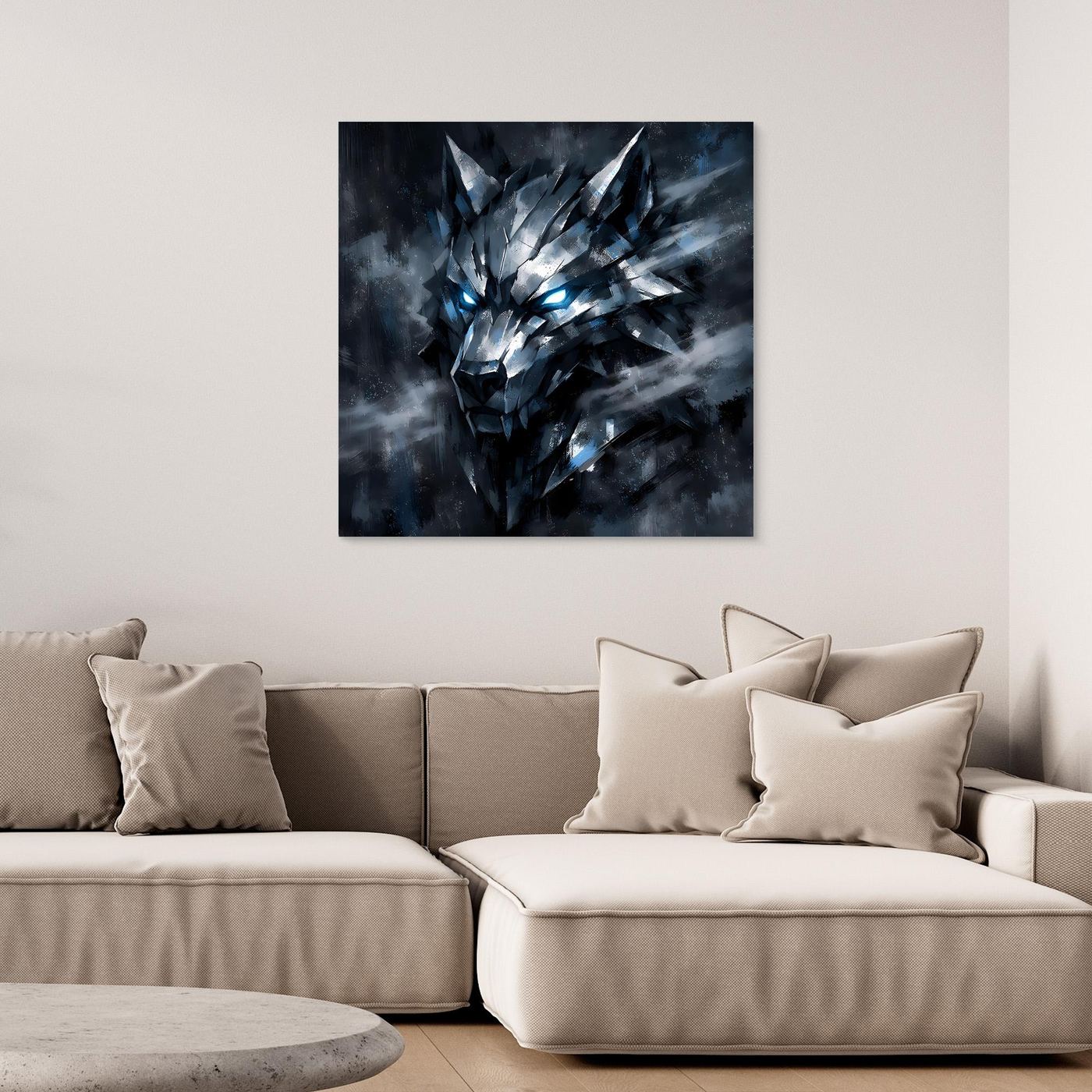 Leinwand-Wandbild: geometrischer Wolf mit leuchtenden Augen, dunkel gerahmt