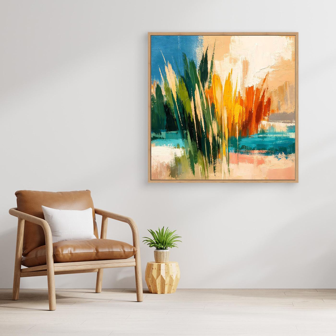 Leinwand-Wandbild in warmen Tönen mit abstrakten Schilfhalmen und See