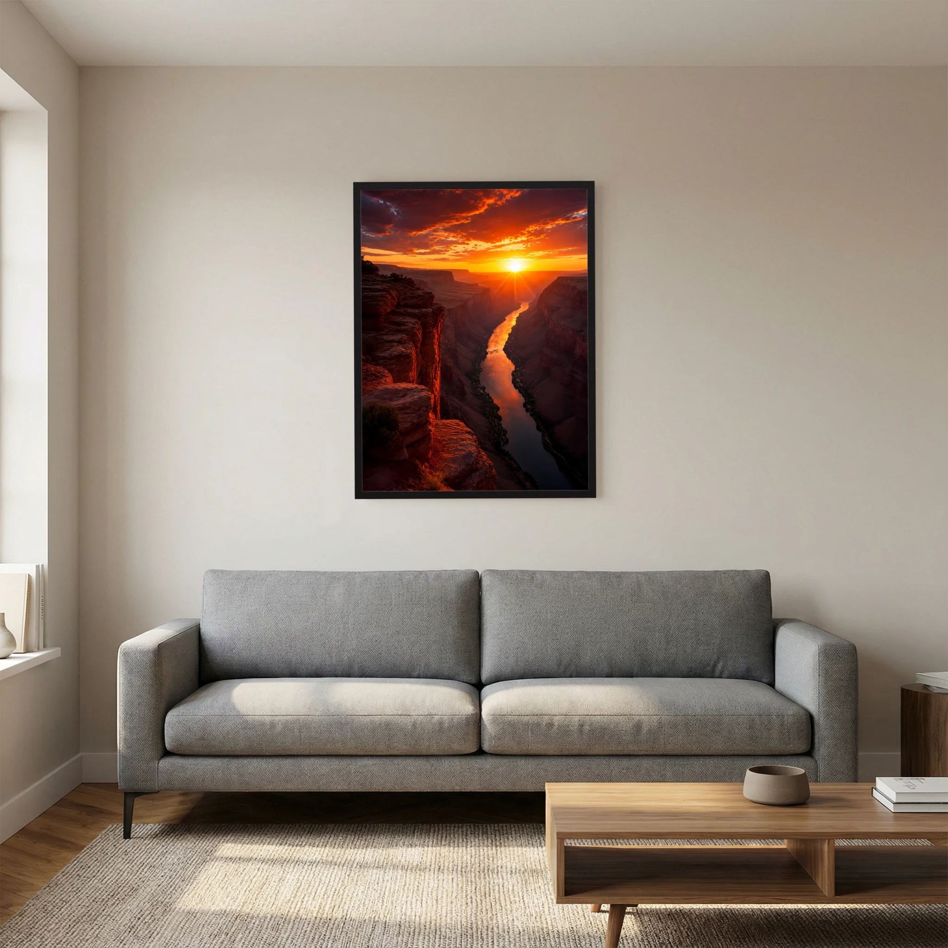 Poster im schwarzen Rahmen: dramatischer Sonnenuntergang über Canyon und Fluss