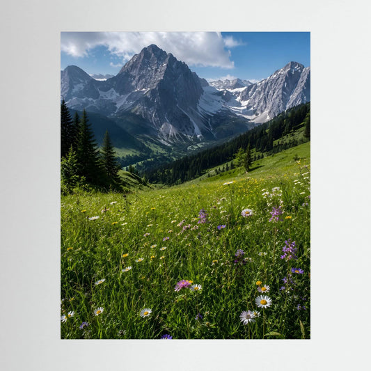 Wandbild mit Alpenlandschaft: grüne Wiese und Wildblumen vor schroffen Bergen im Hochformat