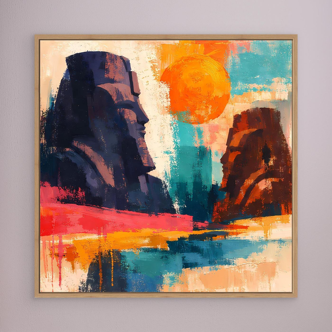 Abstraktes Wandbild mit Pharaonen-Silhouetten, leuchtende Farben in Orange, Blau und Rot, Holzrahmen