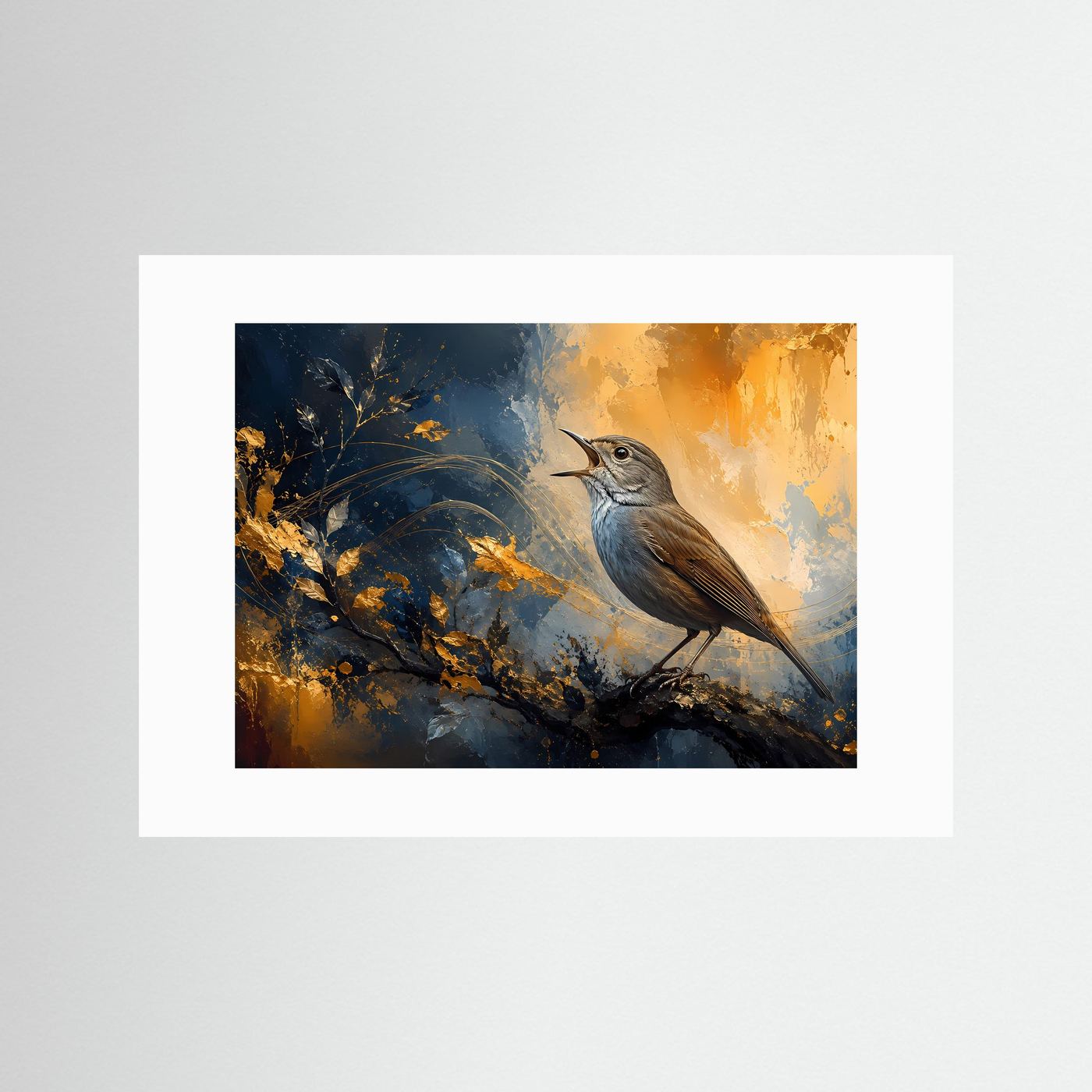 Singvogel Poster Modern | Vogel Wandbild Blau Gold | Abstrakte Naturkunst | Eleganter Waldvogel Fine Art | Leinwand Wohnzimmer