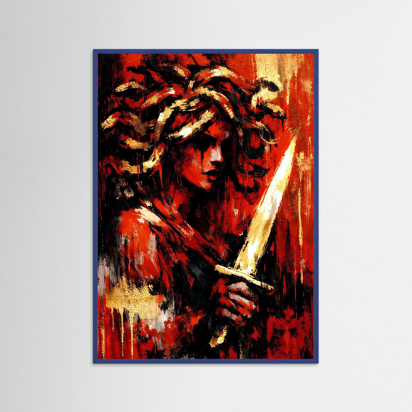 Hochformat-Kunstposter im blauem Rahmen: abstraktes Frauenporträt, Rot, Gold, Schwarz