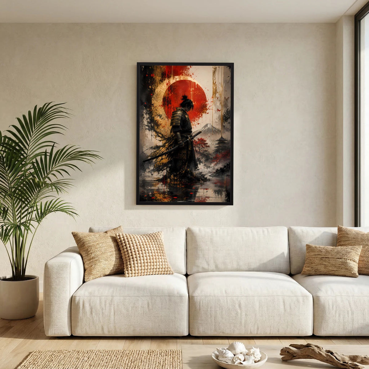 Gerahmtes Samurai-Kunstposter im Hochformat: Krieger mit Katana vor roter Sonne.