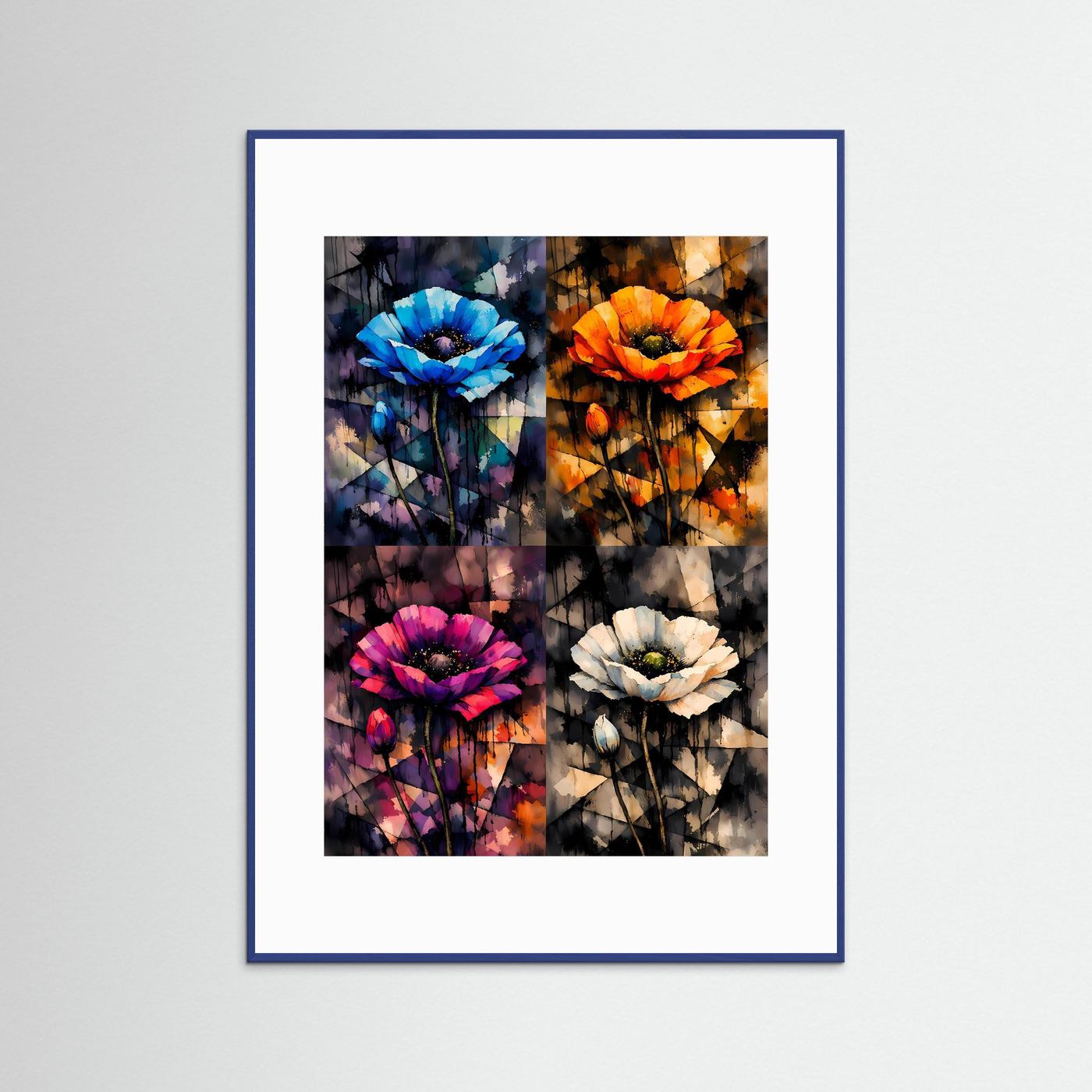 The Pop Art Poppies | Luxuriöses Mohnblumen Poster 4-in-1 Bunt & Dunkel | Abstraktes Blumen Kunstposter Hochformat