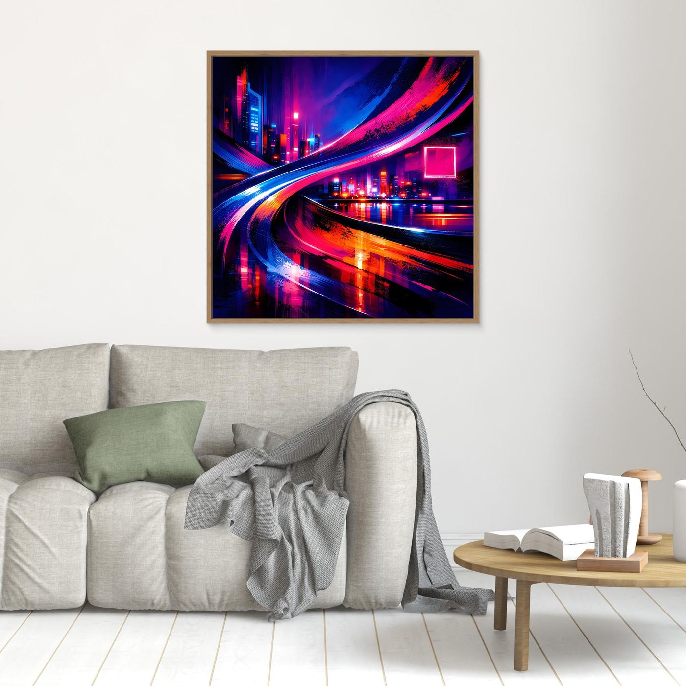 Kleines gerahmtes Leinwandbild mit leuchtender Neon-Stadt und Lichtbahnen