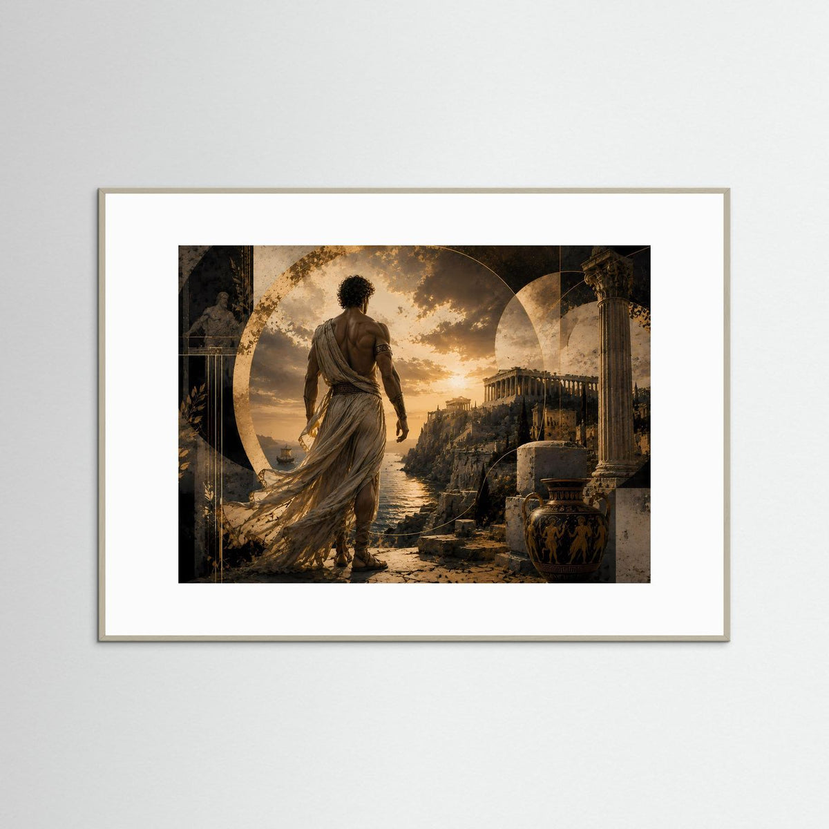 Querformat-Poster mit grauem Rahmen und weißem Rand, antiker Krieger in goldener Landschaft.