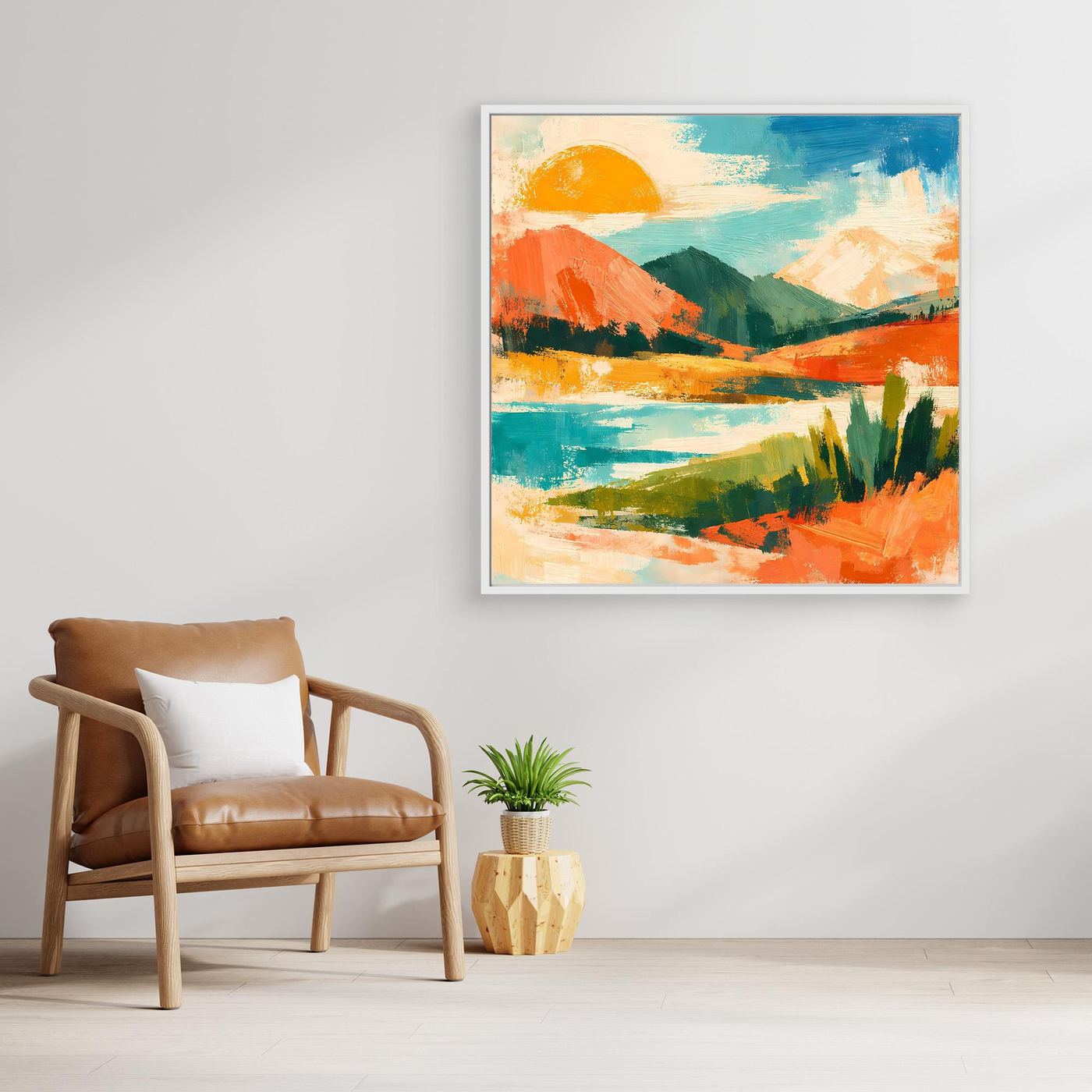 Abstraktes Leinwand-Wandbild mit Sonne über See, Hügeln und bunten Pinselstrichen, mit weißem Rahmen