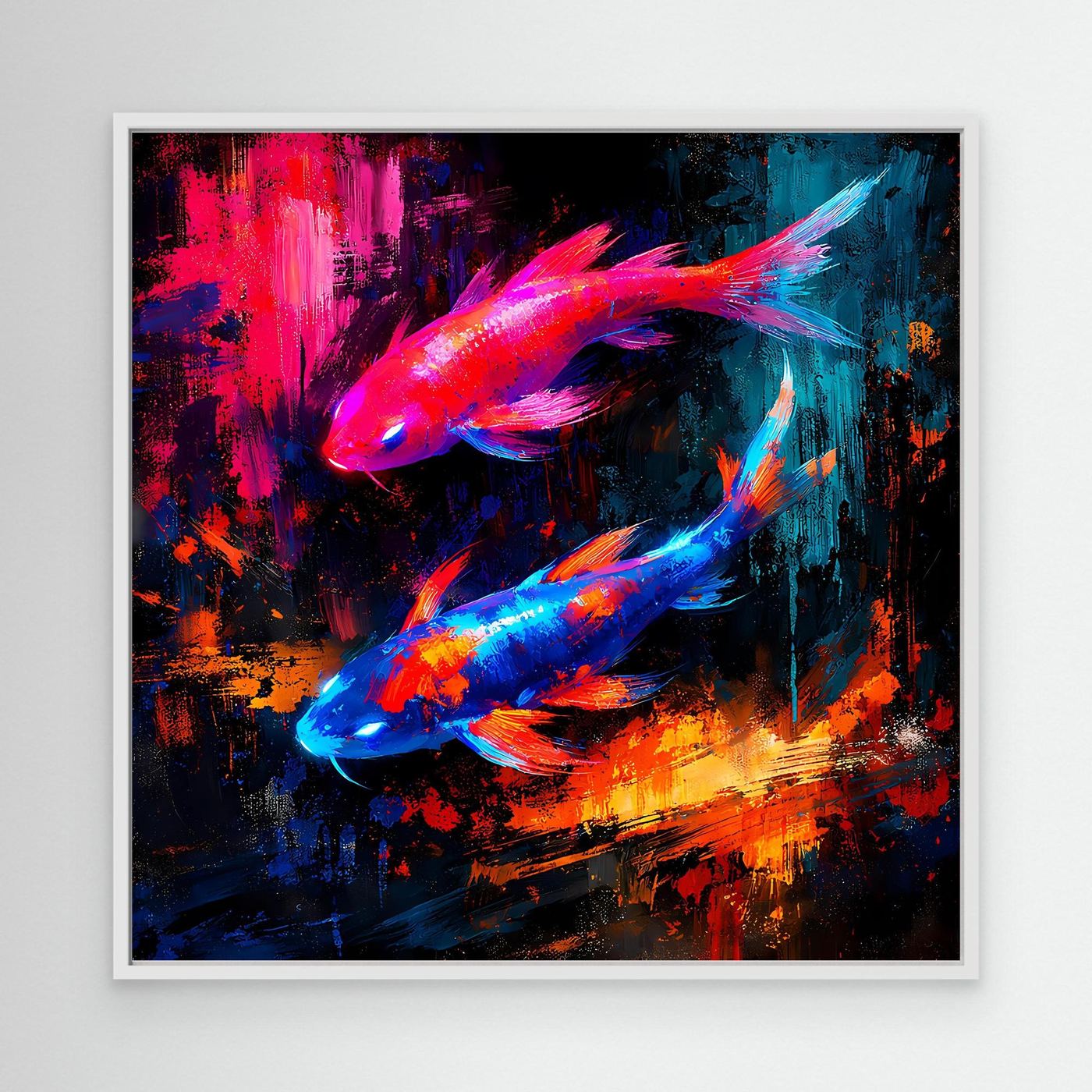 Leinwandbild mit leuchtenden Koi-Fischen in Pink-Blau, weiß gerahmt