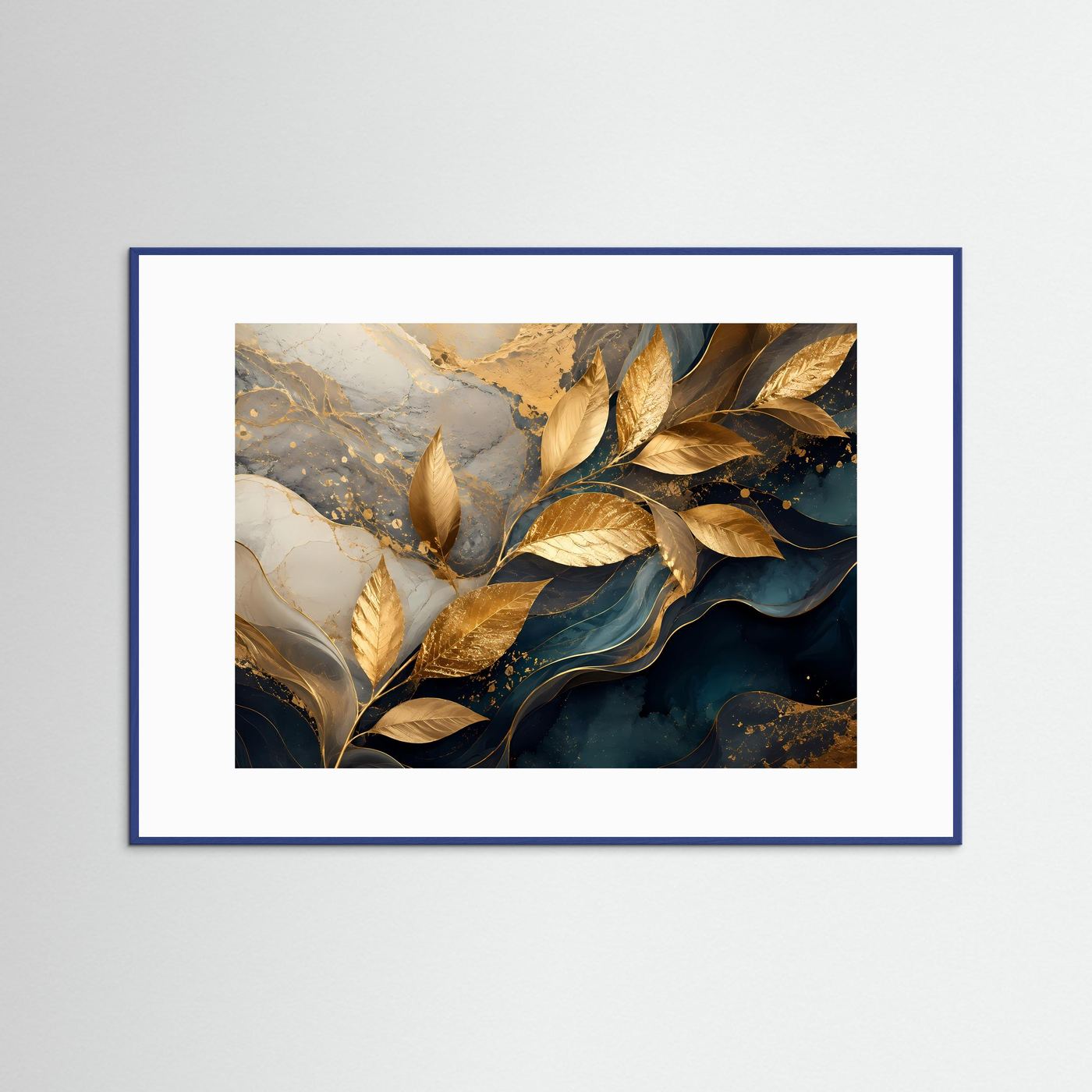 Goldene Blätter auf Petrol & Marmor | Luxuriöse abstrakte Botanische Wandkunst