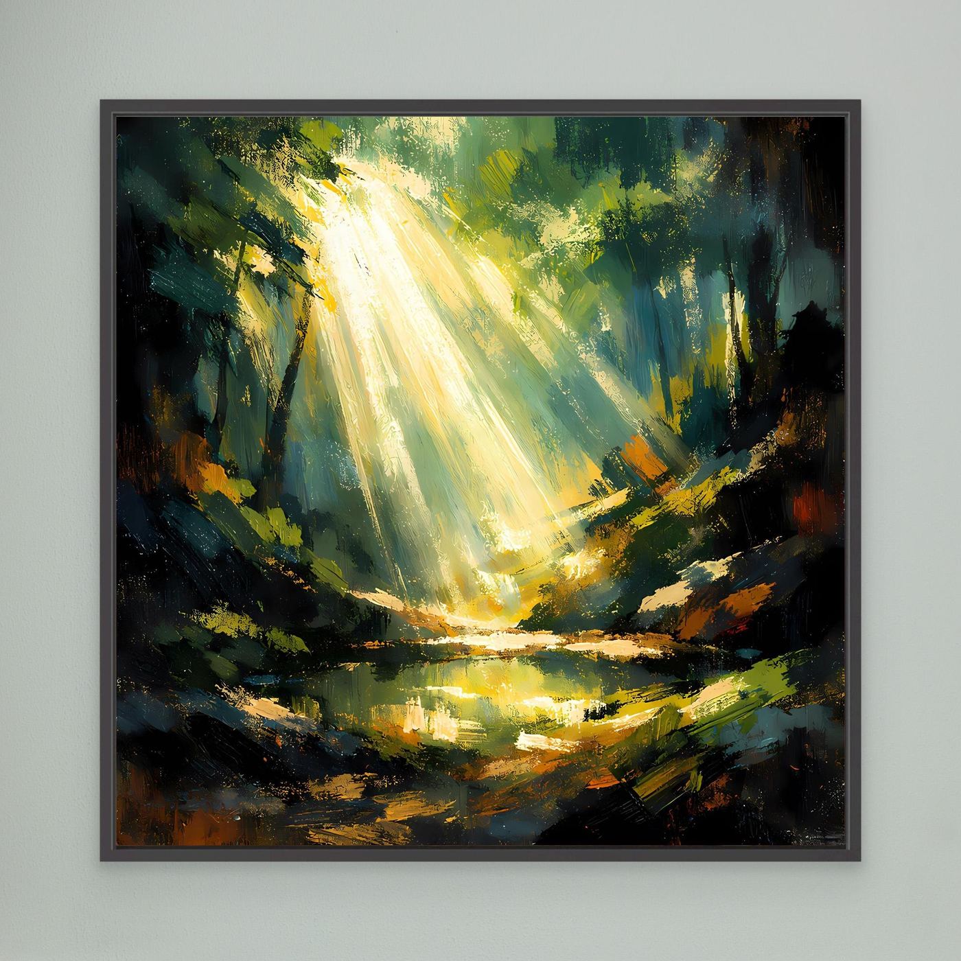 Leinwand-Wandbild mit goldenen Lichtstrahlen im Wald, schwarze Rahmung