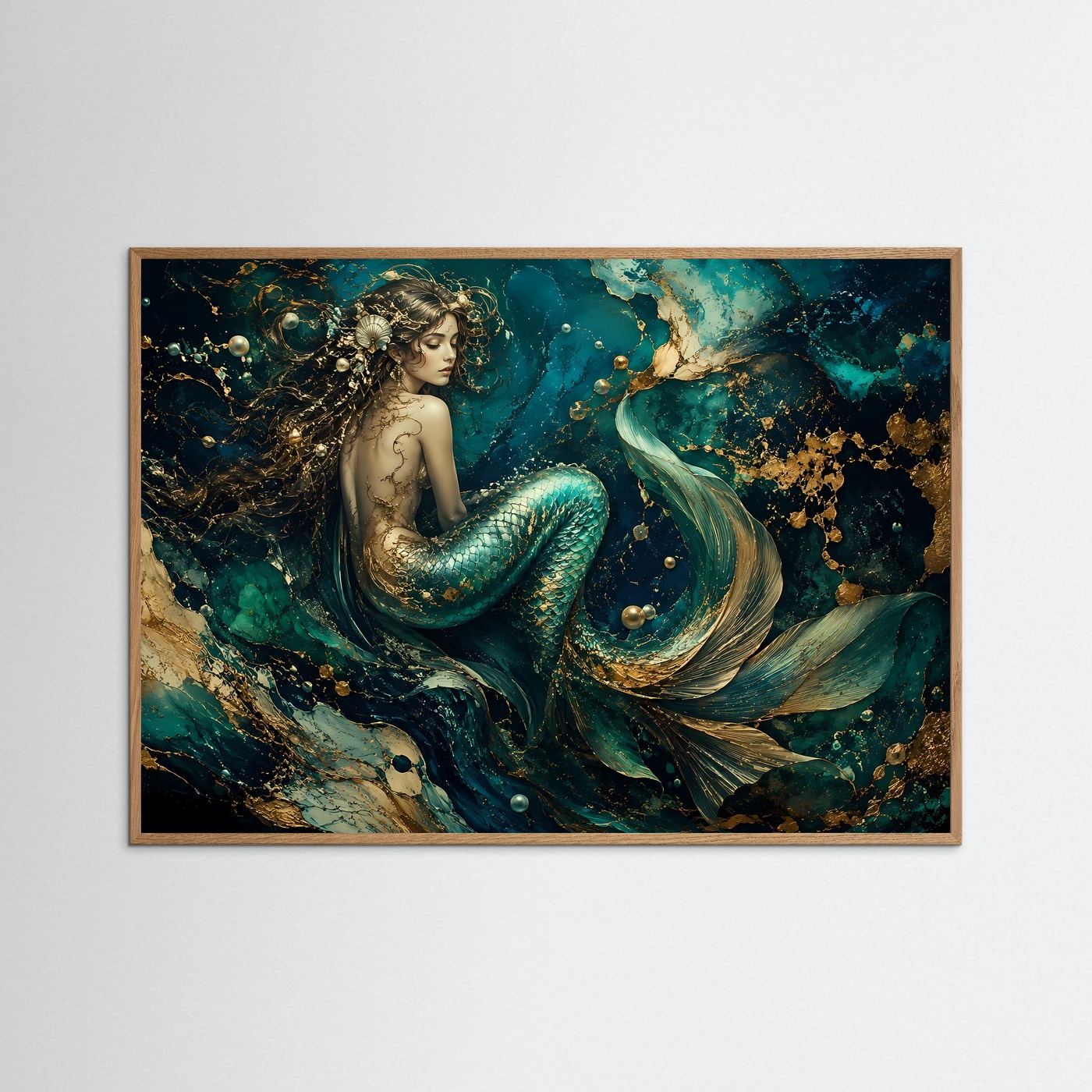 Mystische Meerjungfrau in Türkis & Gold | Luxuriöse Unterwasser Fantasy Kunst – Poster Querformat