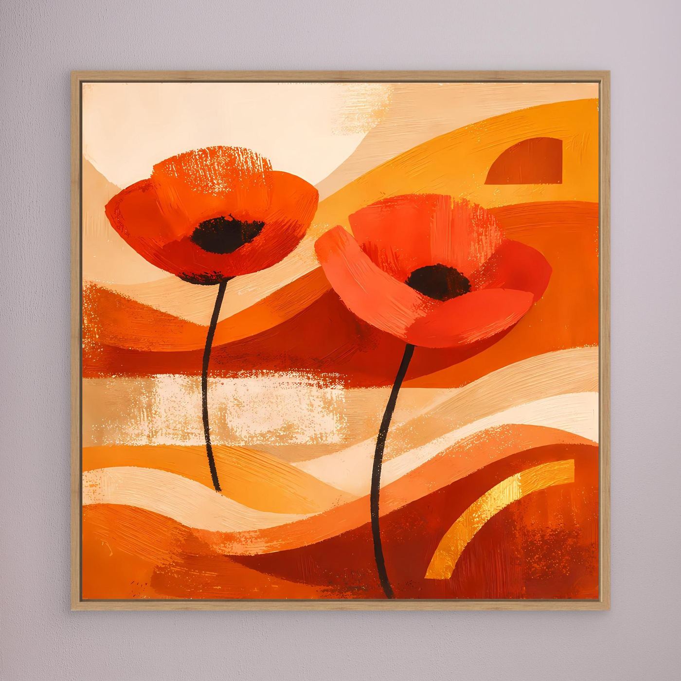 Leinwandbild mit abstrakten roten Mohnblumen in warmen Orangetönen im Holzrahmen