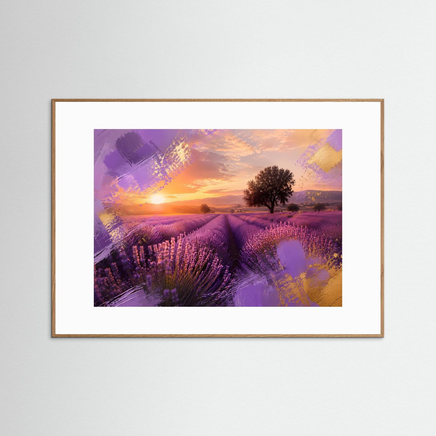 Lavendelfeld Poster Querformat | Provence Sonnenuntergang Wandbild in Violett & Gold | Moderne Landschaftskunst