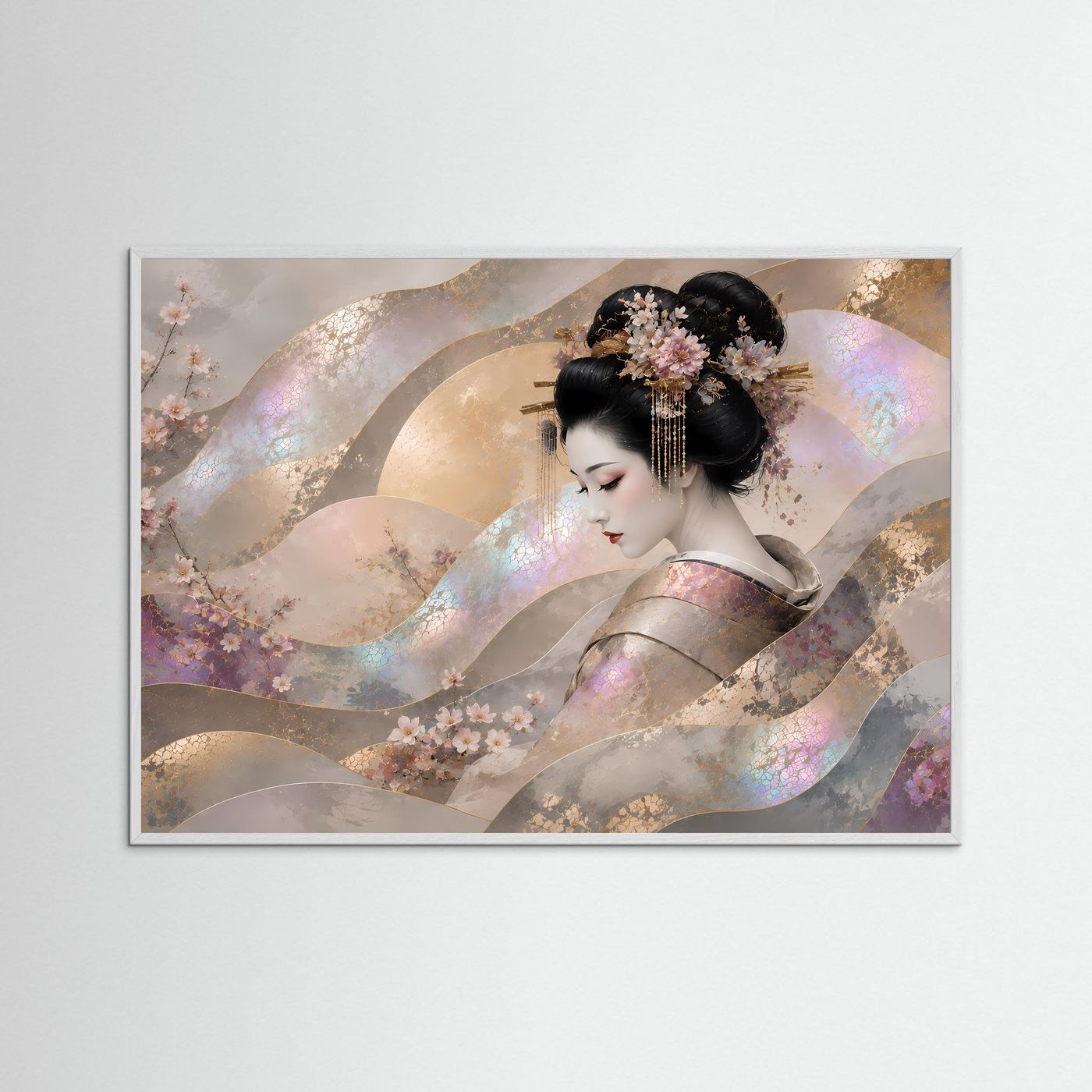 Japanische Wandkunst mit silbergrauem Rahmen: Geisha mit Kirschblüten und Perlmutt-Schimmer
