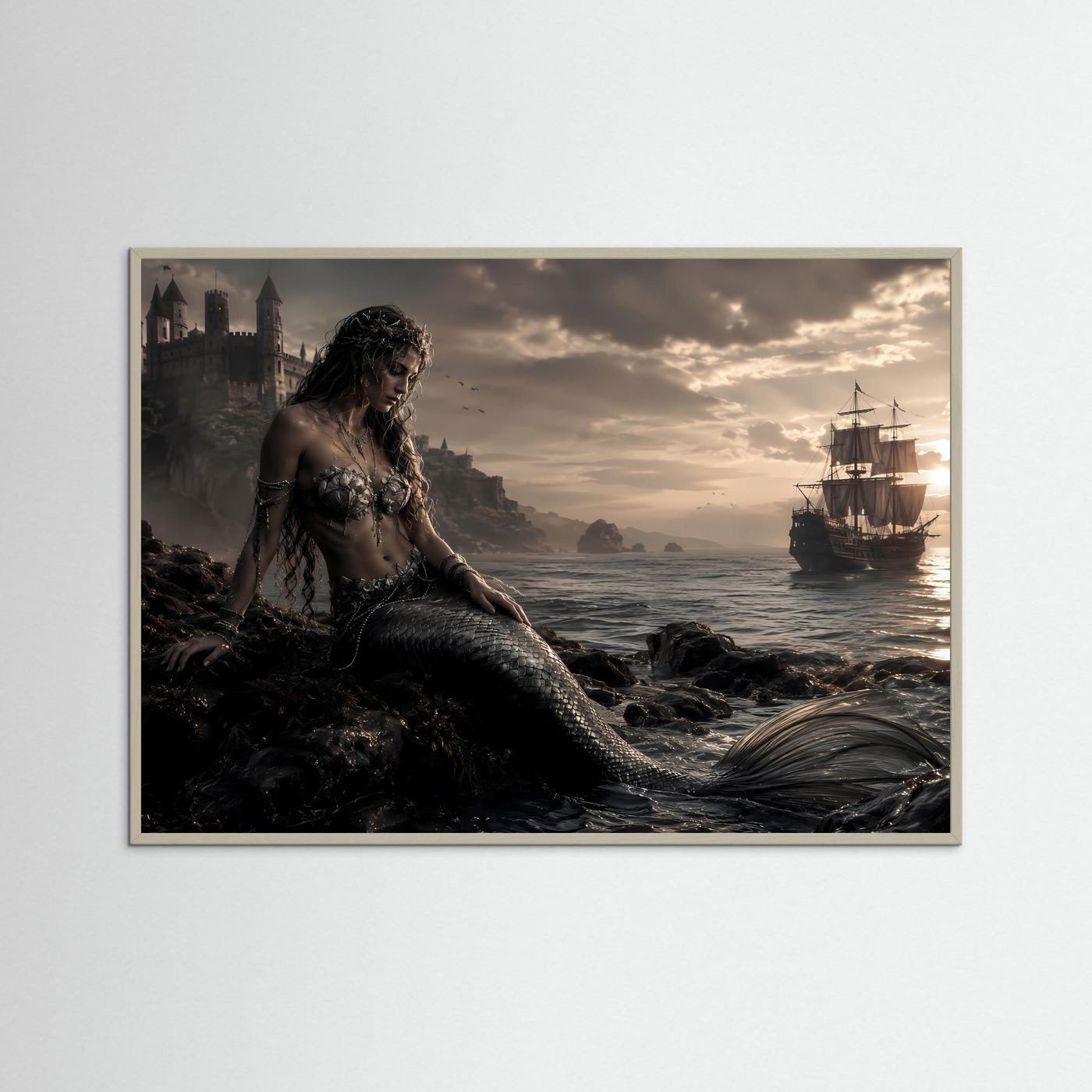 Wandkunst im grauen Rahmen: Meerjungfrau am Strand, Segelschiff bei Abendlicht