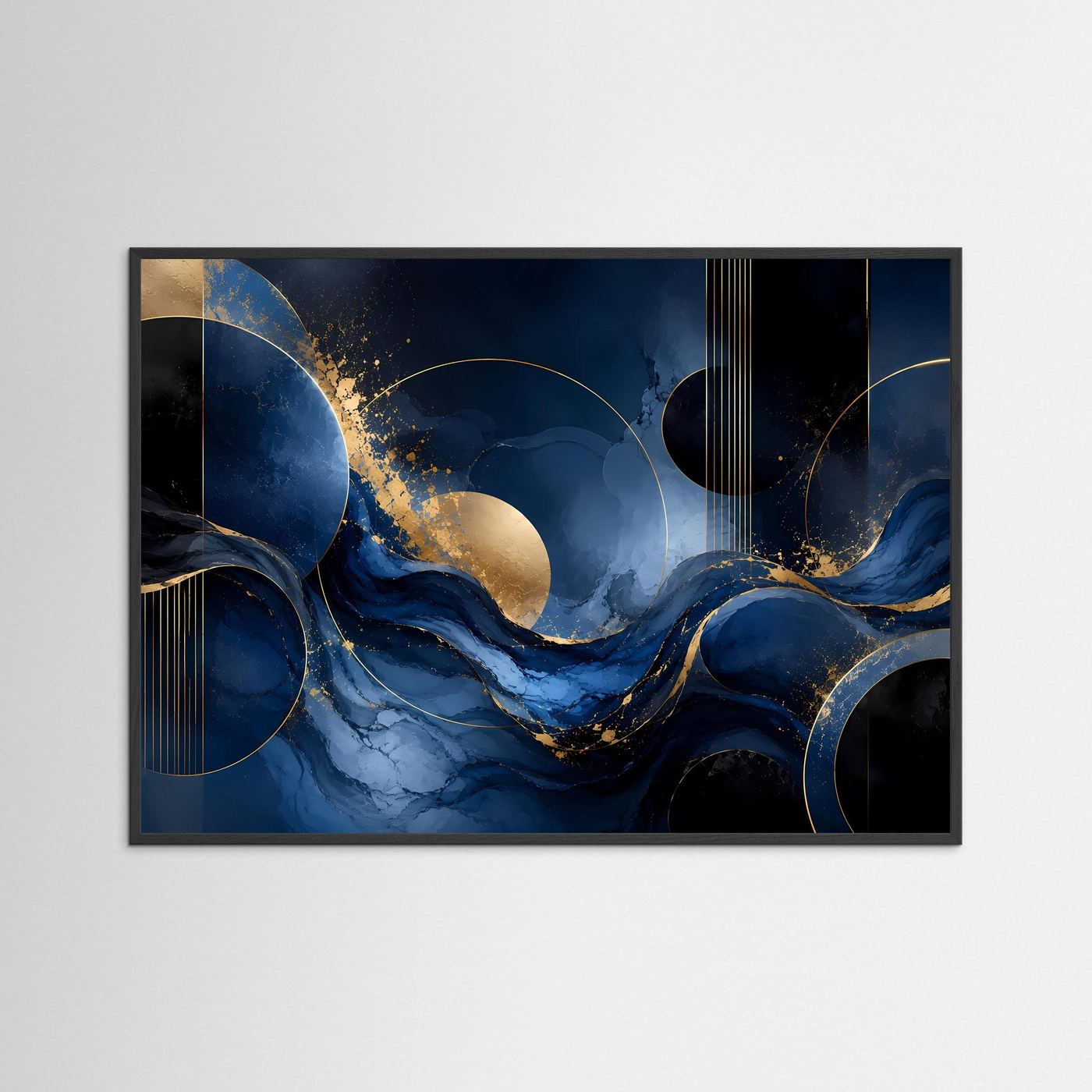 Abstrakte Wellen in Tiefblau und Gold | Luxuriöse moderne Kunst mit fließenden Formen und geometrischen Kreisen | Elegantes Schwarz-Blau-Gold Wandbild im Querformat
