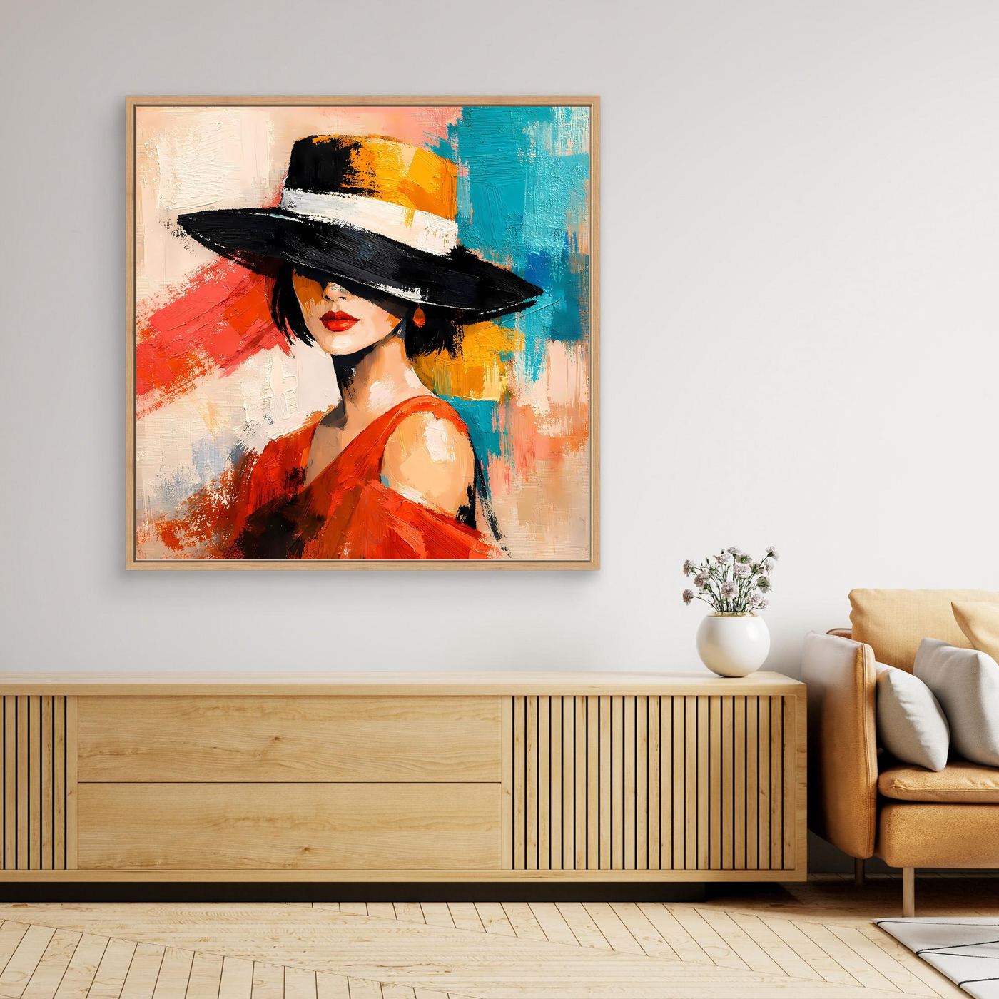 Abstract portrait wall art with warm wood frame: woman in black hat and red dress