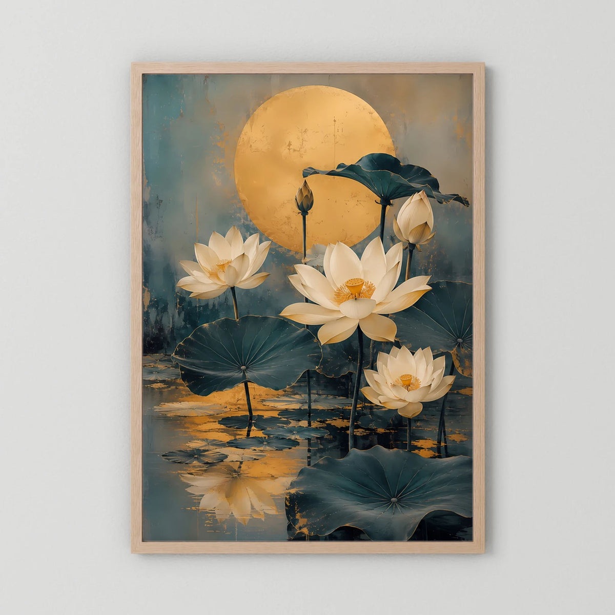 Hochformat-Poster mit goldener Mondscheibe und weißen Lotusblüten, hellbrauner Rahmen