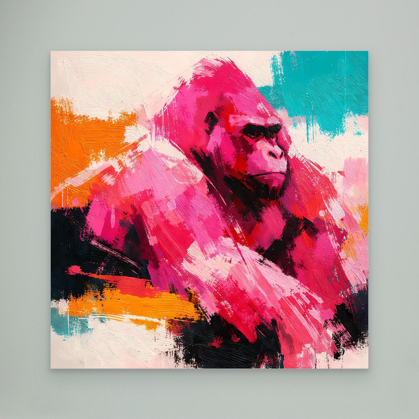 Abstraktes Gorilla-Pop-Art-Leinwandbild ohne Rahmen mit Pink-, Orange- und Türkisfarben
