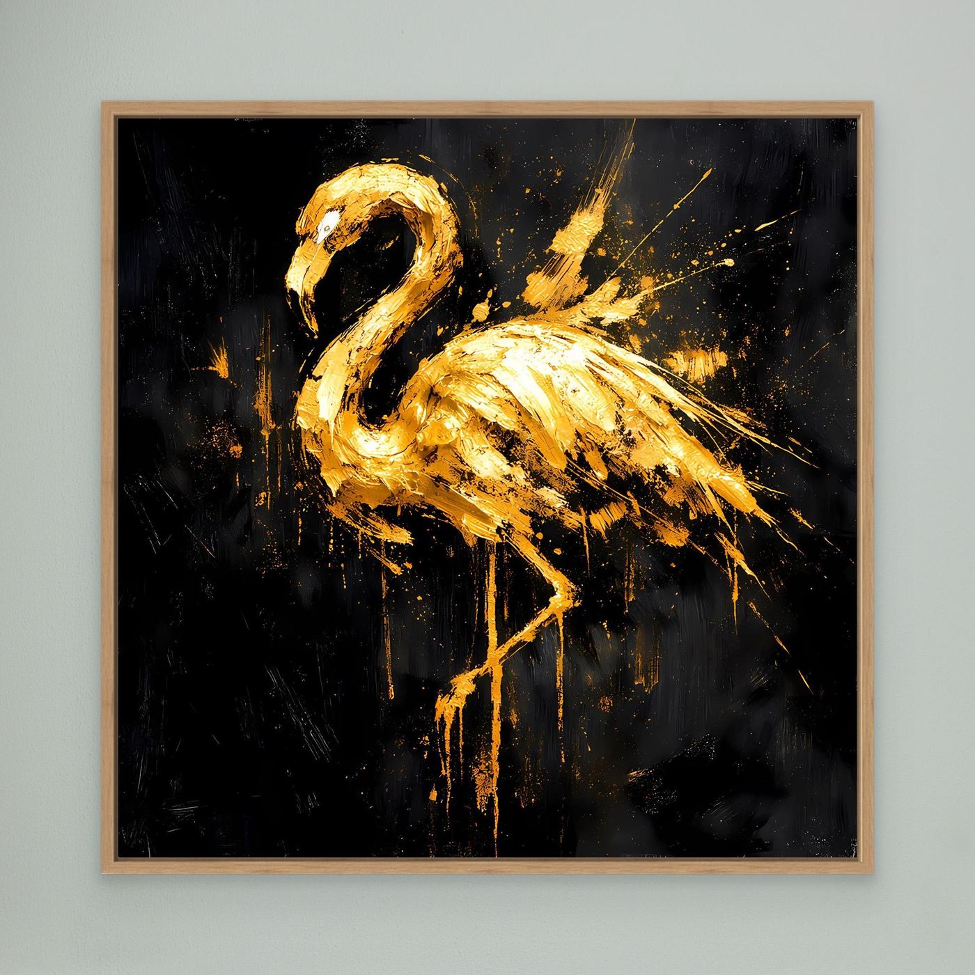 Leinwand Goldener Flamingo auf Schwarz | Abstraktes Modernes Tier Wandbild Kunst