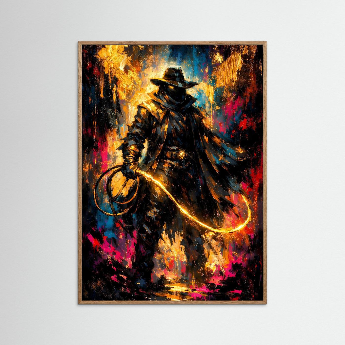 Cowboy-Poster mit goldener Peitsche im abstrakten Westernmotiv, naturbraun gerahmt