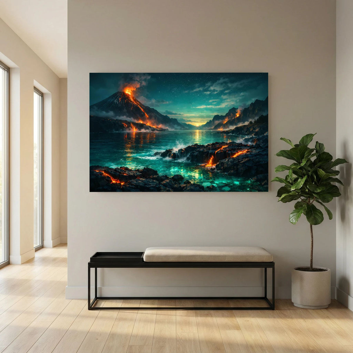Großes Querformat-Wandbild mit Vulkanen am Meer, glühende Lava und türkisfarbener Schimmer