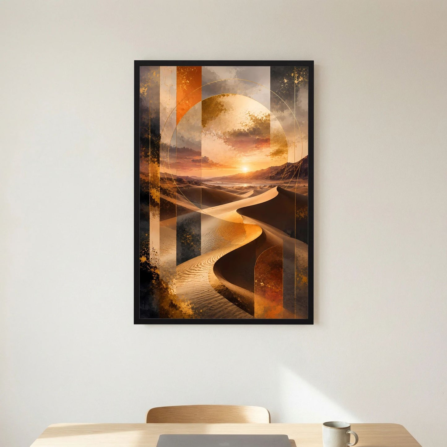 Poster mit schwarzem Rahmen, abstrakte Gold- und Schwarzwüste mit Dünen im Sonnenuntergang