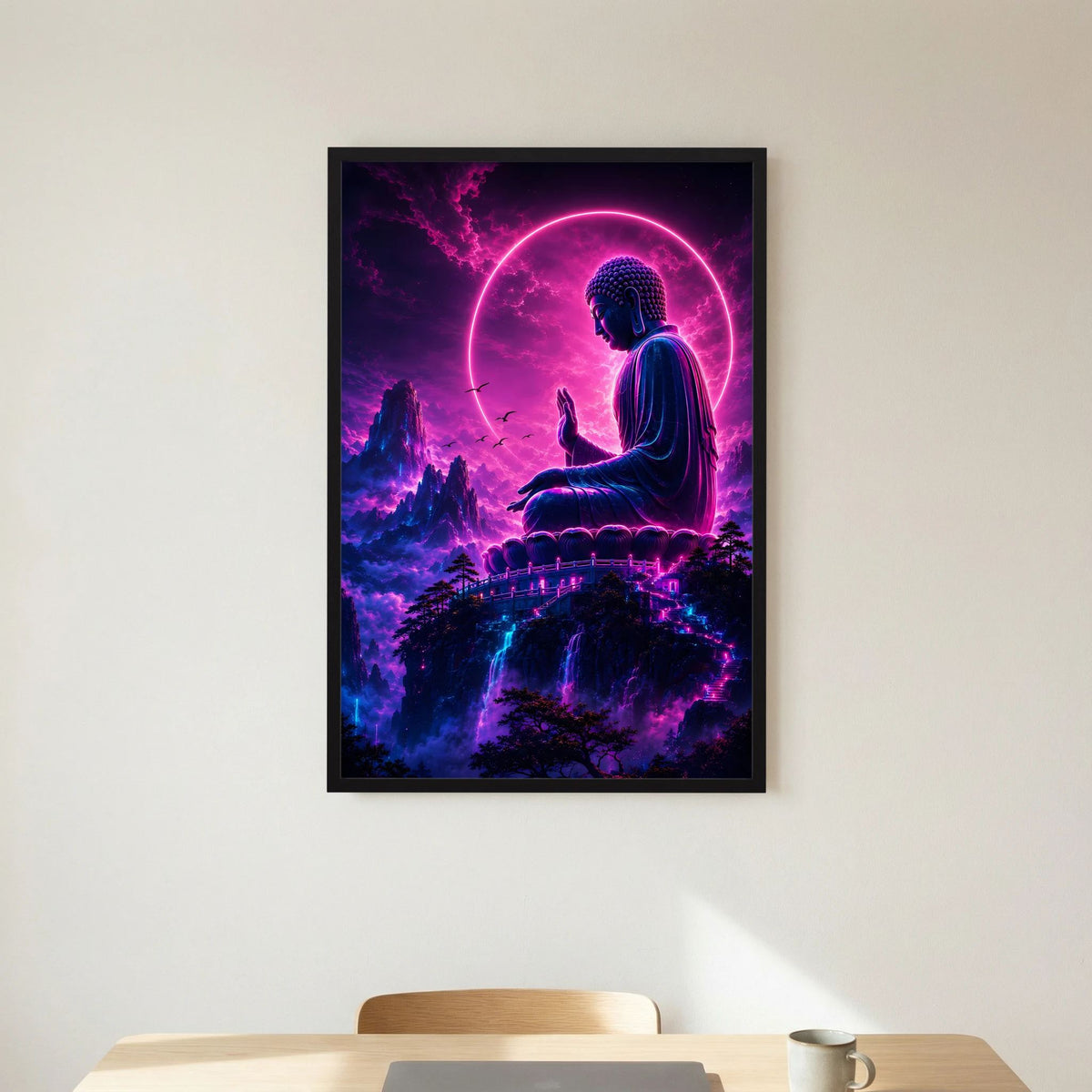 Neon-Buddha-Poster im schwarzen Holzrahmen, Buddha sitzt im Meditationsgestus