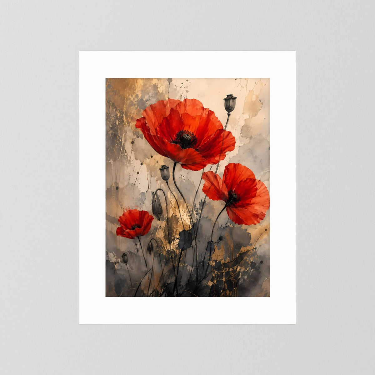 Abstraktes Mohnblumen-Poster mit roten Blüten, grauen Strukturen und goldbeigen Akzenten, weißer Rand