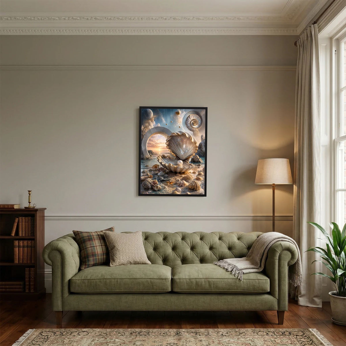 Gerahmtes Poster mit Muschel und Perle, Meeresszene in Creme- und Goldtönen