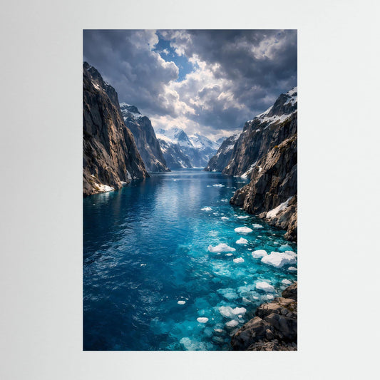 Hochformatiges Poster mit Fjordlandschaft, blauem Wasser und Treibeis am Ufer