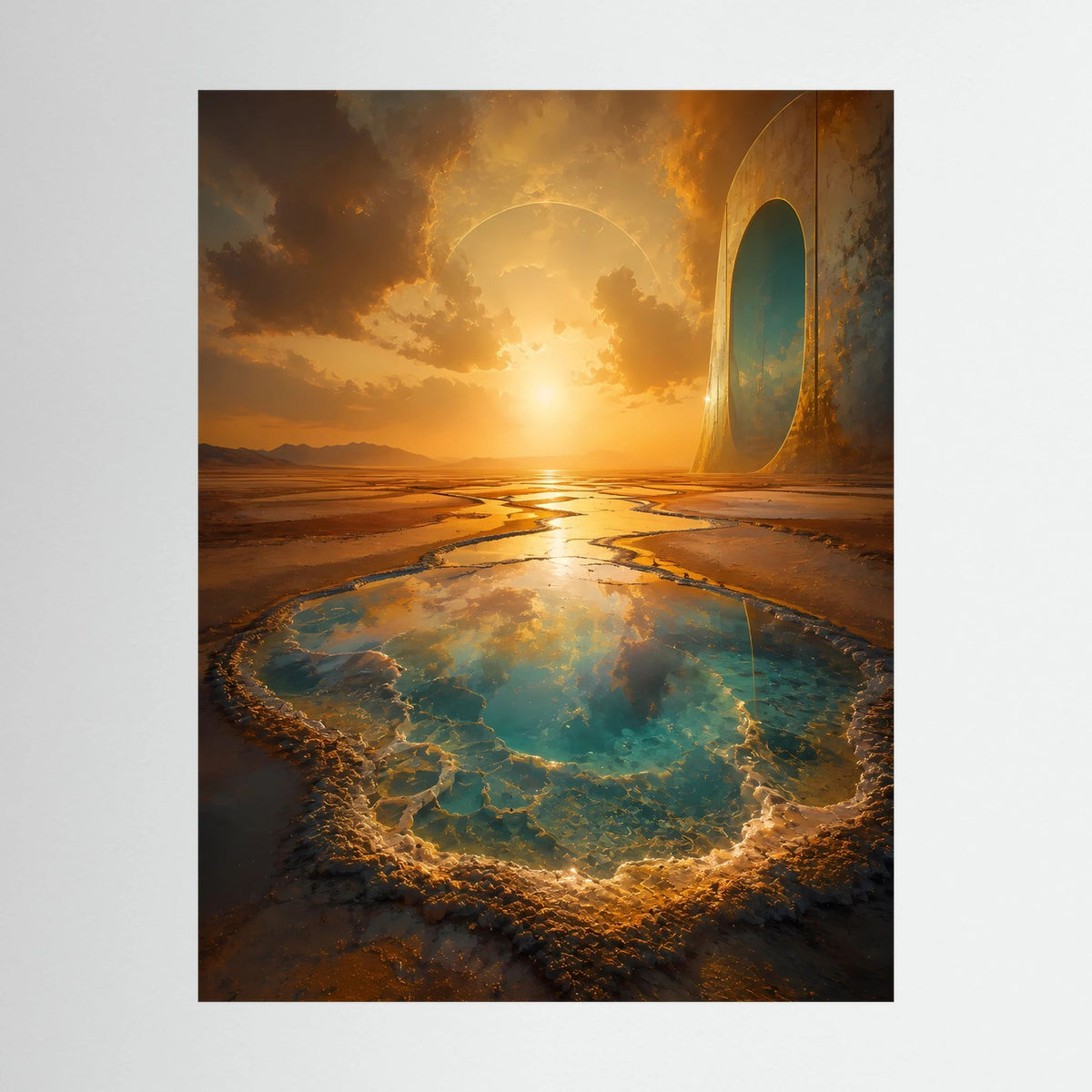 Nahaufnahme eines Hochformat-Posters: goldenes Portal über türkisfarbenem Quellsee, Wüstenszene.