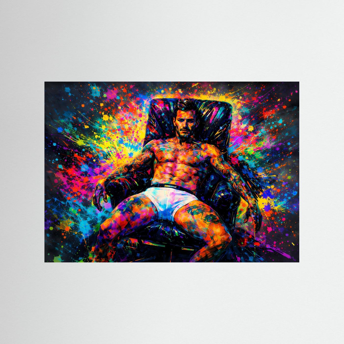 Kunstposter mit buntem Farbsplash-Motiv: muskulöser Mann mit Tattoos, Halbakt im Fokus