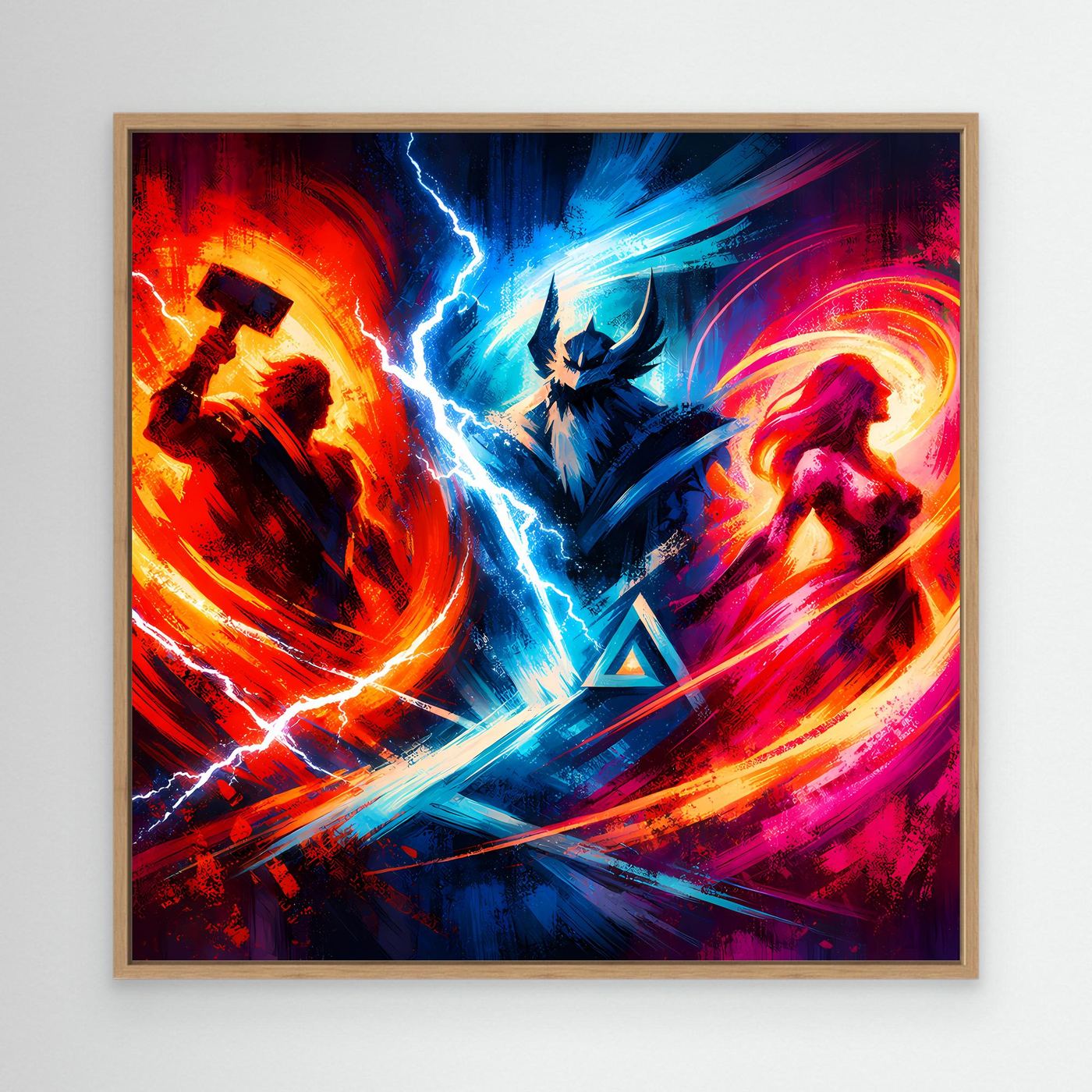 Neon-Fantasy-Leinwand-Wandbild mit Figuren, leuchtenden Wirbeln und Blitzbogen, Eichenrahmen