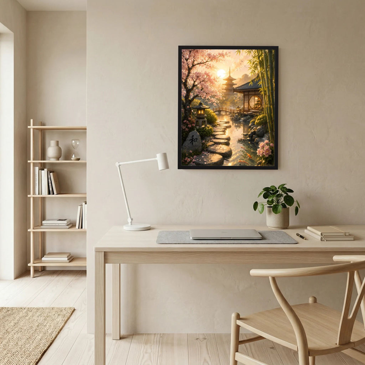 Hochformatiges Poster mit schwarzem Rahmen und Zen-Gartenmotiv mit Kirschblüten und Bambus
