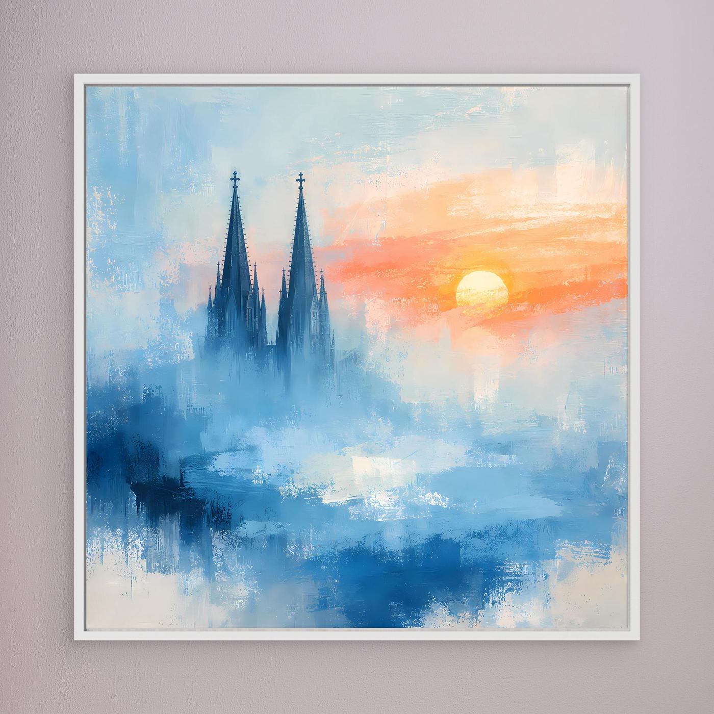 Kölner Dom Silhouette in Nebelblau | Moderne Abstrakte Leinwand mit Sonnenaufgang