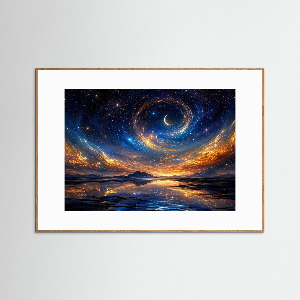 Wandbild mit abstraktem Sternenhimmel und Spiralgalaxie im hellbraunen Holzrahmen