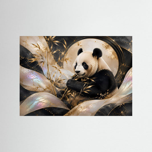 Wandbild mit Panda, Bambus und goldenen Akzenten auf dunklem Hintergrund