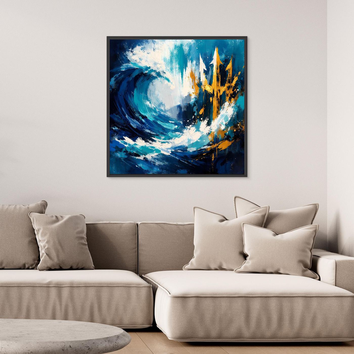 Square nautical wall art with blue waves and golden trident, dark frame