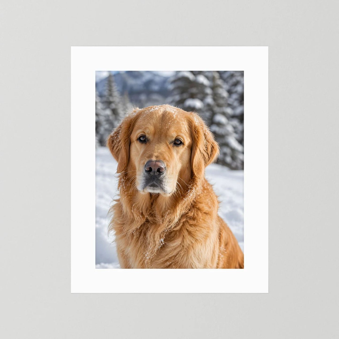 Hundeposter mit Golden Retriever im Schnee, mit weißem Passepartout