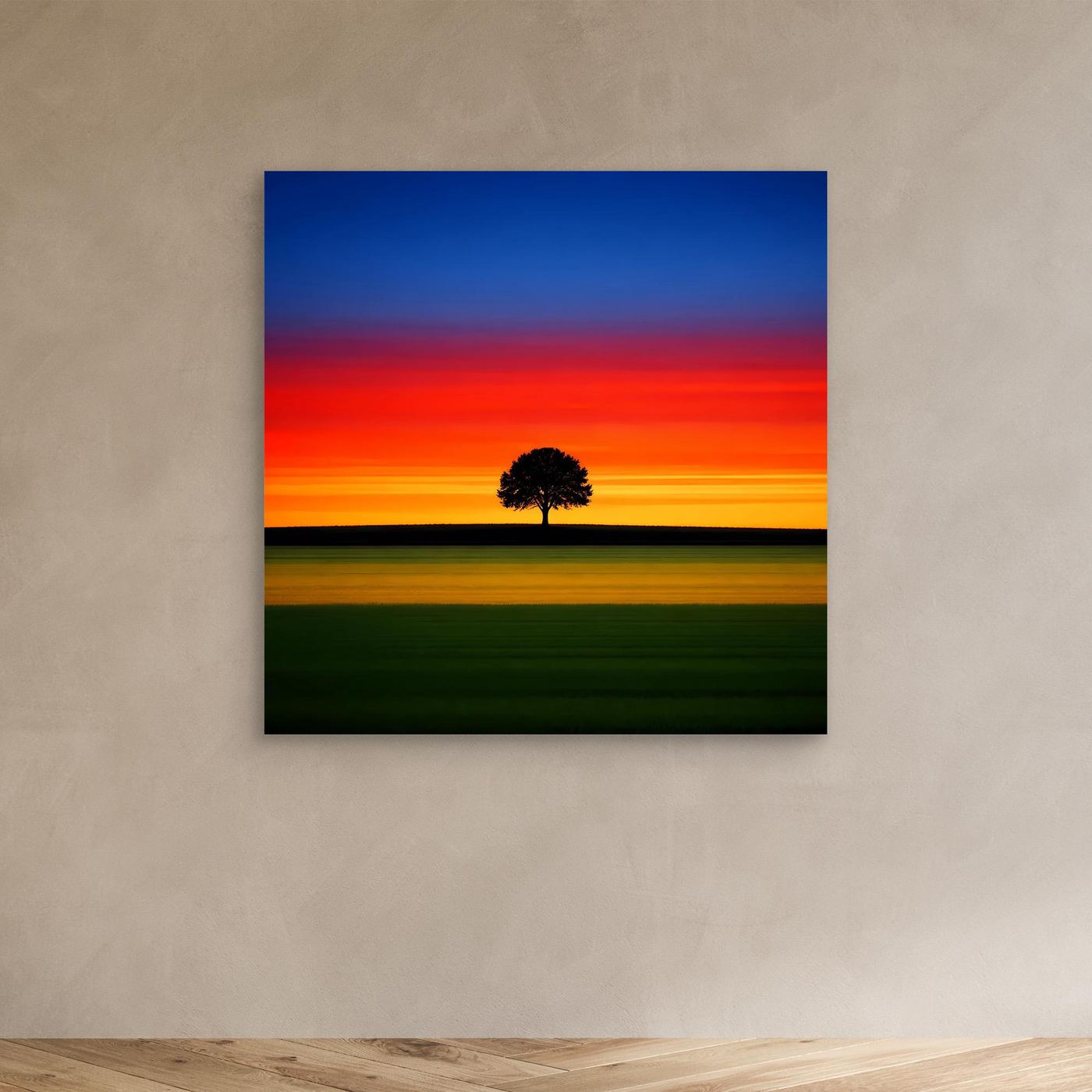Leinwandbild: minimalistischer Sonnenuntergang mit Baum-Silhouette, rahmenlos
