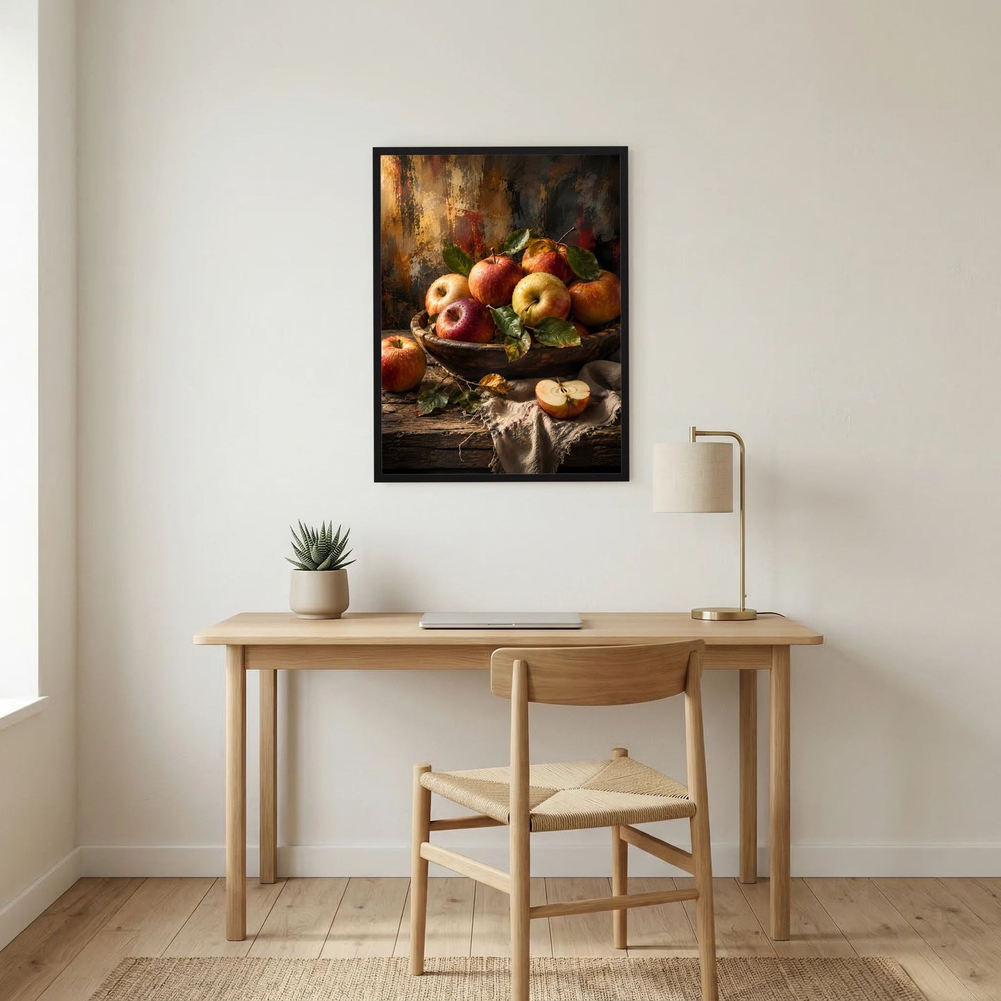Gerahmtes Hochformat-Poster mit Apfel-Stillleben: Äpfel, Blätter und Schale
